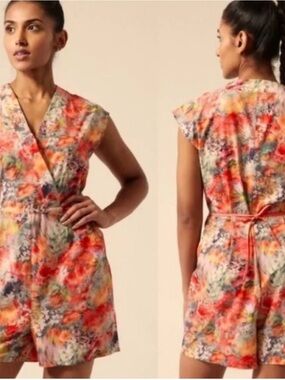Athleta Floral Watercolor Tie-Waist Romper in Coral, Yellow & Blue